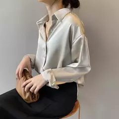 Moda outono botão acima camisa de cetim blusa vintage feminino branco senhora m - DIH CORREA moda feminina