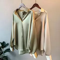 Moda outono botão acima camisa de cetim blusa vintage feminino branco senhora m - loja online