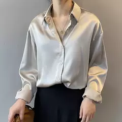 Moda outono botão acima camisa de cetim blusa vintage feminino branco senhora m