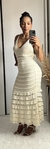 Vestido Midi com Babados Forro Tricô Tricot Off-White