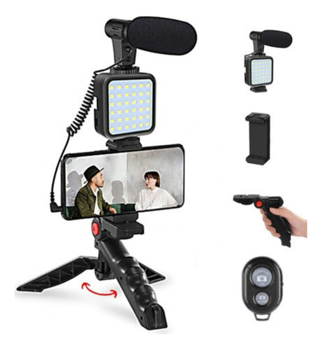 Kit Youtuber Vlog Live Tripé Celular Suporte Led E Microfone Com Controle Bluetooth Video-making Kit Ay-49