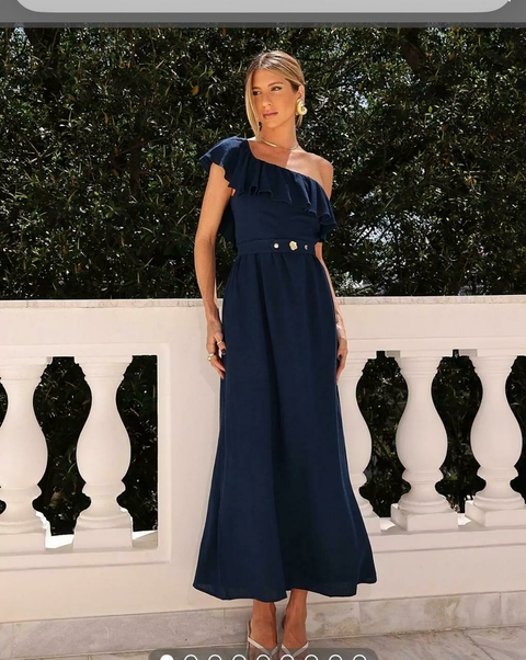 Vestido Linho Ombro Unico Babado
