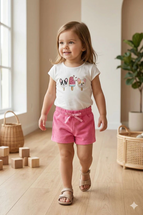 Conjunto Infantil Menina Verão Blusa Picolés de Cachorro e Short Rosa Com Laço