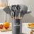 Jogo de Utensílios de Cozinha 12Pçs - Silicone e Cabo de Madeira - Cinza / Madeira - IA Connect Store