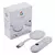 Chromecast con Google TV en color blanco, junto a su control remoto y caja original con logos de apps compatibles.