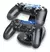 Dos joysticks PS4 colocados sobre base de carga doble Dinax con luces LED azules.

