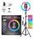 Aro de luz RGB 3D con soporte de celular y control por cable, presentado junto a su caja original y guía de colores incluidos.