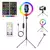 Set de aro de luz LED multicolor con trípode ajustable, control remoto USB y combinaciones de colores para creadores de contenido.