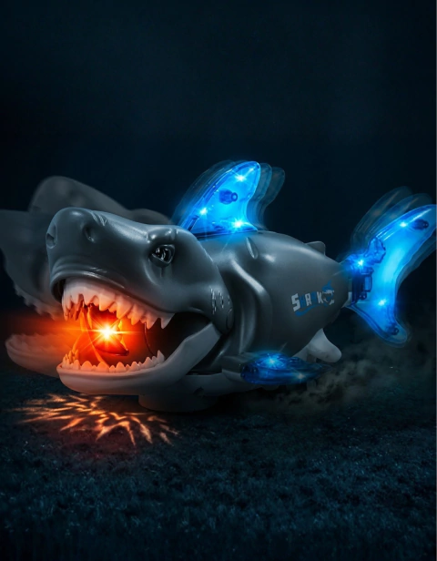 Brinquedo Tubarão Shark Som Luz Led Movimento Bate E Volta