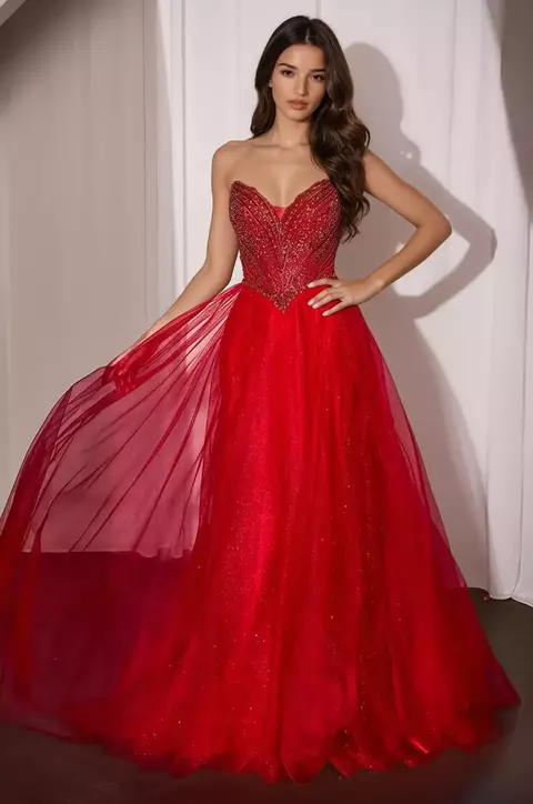 VESTIDO DE BAILE DE TUL CON CUENTAS SIN TIRANTES - comprar en línea