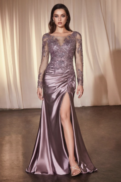 VESTIDO AJUSTADO DE SATÉN DE MANGA LARGA CON ENCAJE