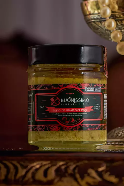 Imagem do pesto de limão siciliano em pote de vidro com rótulo Buonissimo, produto artesanal e gourmet