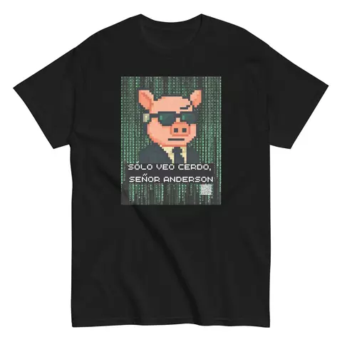 Playera negra con cerdo pixel-art en traje negro y código Matrix verde, texto Solo veo cerdo Señor Anderson.