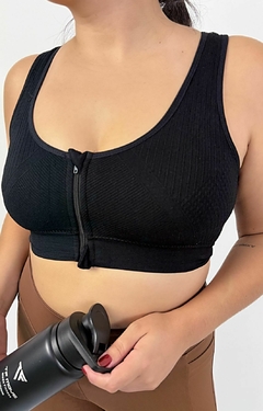 Top Fitness Canelado Zíper Com Bojo Preto Basic - comprar online