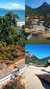Vista aérea da Praia de Dois Rios, cercada por vegetação e com uma vila do Abraão e praia preta costeira