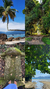 Montagem de imagens de trilhas e caminhadas, incluindo um coqueiro na Praia do Aventureiro, um caminho florestal, uma trono antigo do imperador vila do Abraão e uma vista da praia de Lopes mentes e dois rios