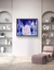 A contemporary artwork titled "DANCE TO HOLD UP THE SKY XXVI" by Mauro Andriole, displayed in a modern interior setting with shelves and decorative elements.
