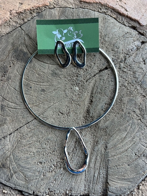 Conjunto brinco e choker prata