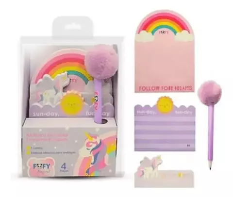 Kit de Anotações Fofy Magical – Caneta Pompom + Blocos Adesivos Unicórnio (4 Peças)