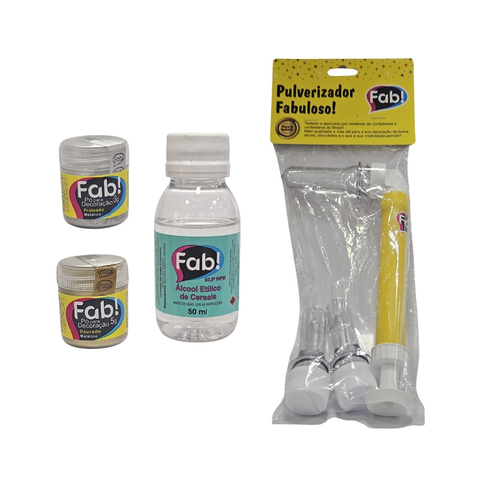 Fab kit borrifador+2 Pó Metálico ouro e prata +solução neutra 50ml