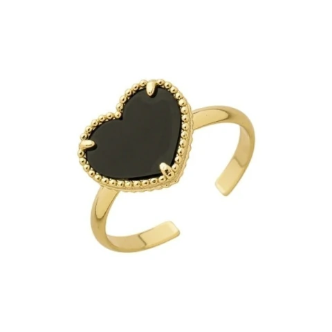Anel Ajustavel de Coração Preto no Banho de Ouro 18k