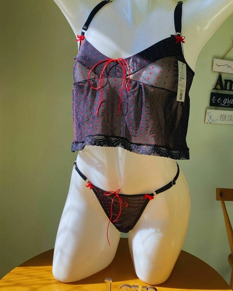 Conjunto AMOLITA Bijou Secret – Tule Poá Preto com Vermelho e Strass