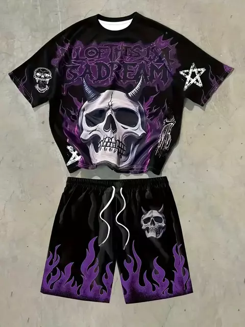 Conjunto Masculino Casual “Caveira Flamejante” – Camiseta + Shorts