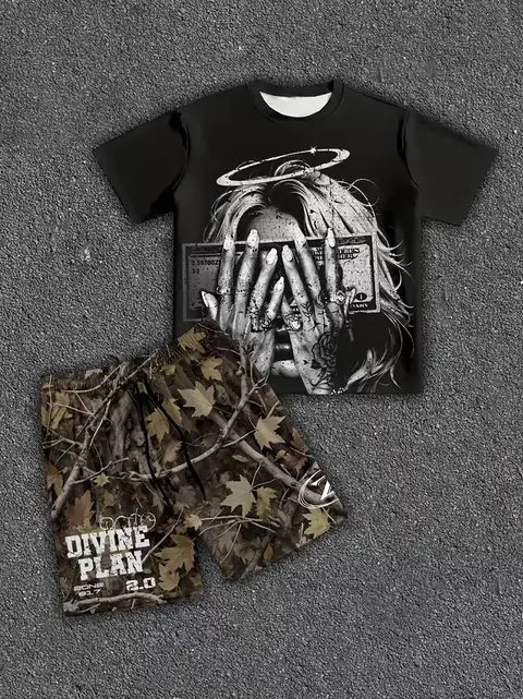 Conjunto Masculino Casual “Dive into PLAN” – Camiseta + Calções