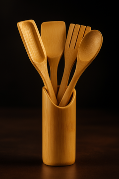 Kit 5 Utensílios de Cozinha em Bambu – Colheres, Espátulas e Pegador | Ecológico e Resistente - comprar online