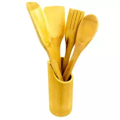 Imagem do Kit 5 Utensílios de Cozinha em Bambu – Colheres, Espátulas e Pegador | Ecológico e Resistente