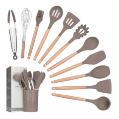 Kit 12 Utensílios de Cozinha em Silicone com Cabo de Madeira - loja online