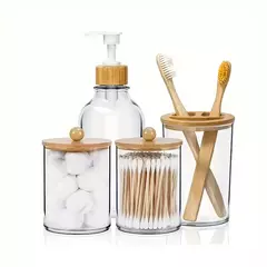 Imagem do Conjunto de 4 Acessórios de Banheiro – Vidro e Bambu | Design Sofisticado e Funcionalidade