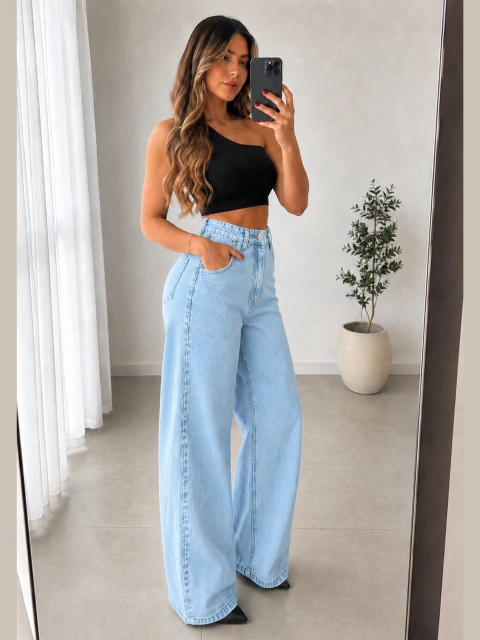 Calça Jeans Feminina Wide leg 100% Algodão Lavagem Clara