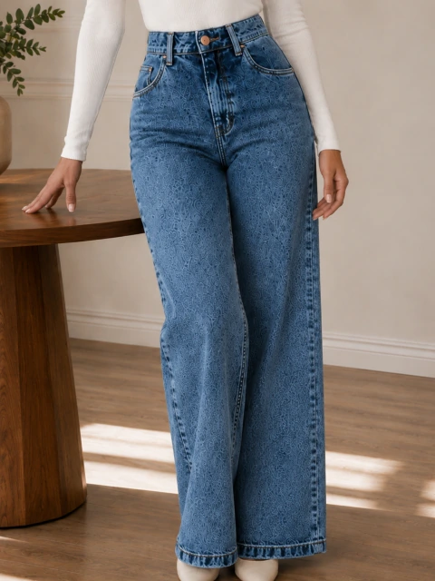 Calça Jeans Feminina Wide leg 100% Algodão Marmorizada