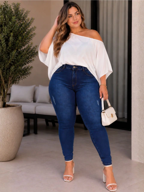 Calça Skinny Feminina Plus Size Lavagem Escura Cintura Alta