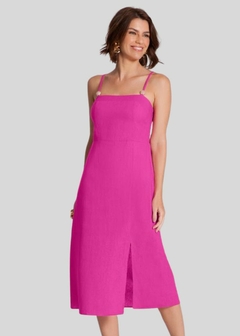 VESTIDO MIDI EM LINHO COM FENDA ROSA