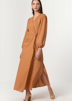 VESTIDO LINHO LONGO TRANSPASSADO FEMININO