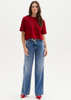 CALÇA JEANS WIDE LEG COM CINTO na internet