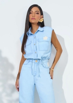 CAMISA CROPPED JEANS SEM MANGA - loja online