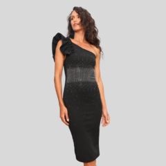 VESTIDO JUSTO MIDI MANGA COM BABADOS E APLIQUE EM STRASS - Amsterdam Closet