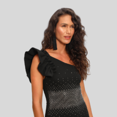 VESTIDO JUSTO MIDI MANGA COM BABADOS E APLIQUE EM STRASS - loja online
