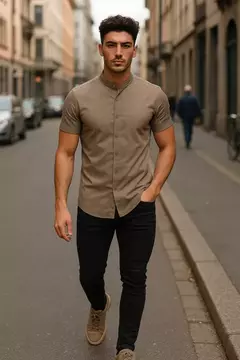 CAMISA BEIGE MANGA CORTA IMPORTADA 100% STRECH - comprar en línea