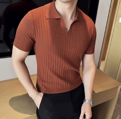 High-quality brown knitted striped polo - buy online