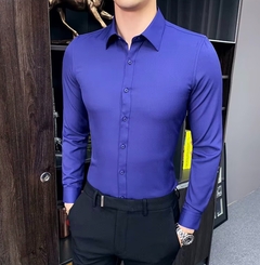 Camisa masculina azul slim fit de manga longa de alta qualidade - comprar online