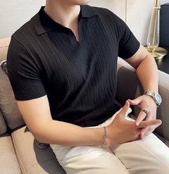 High-quality black knitted striped polo - chetuno