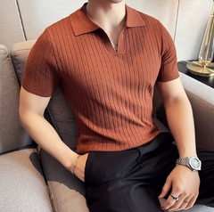 High-quality brown knitted striped polo - chetuno