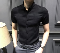 Black slim-fit short-sleeve office shirt on internet