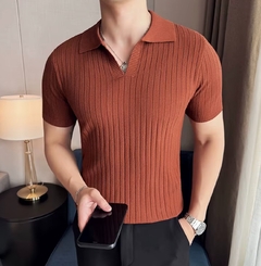 High-quality brown knitted striped polo on internet