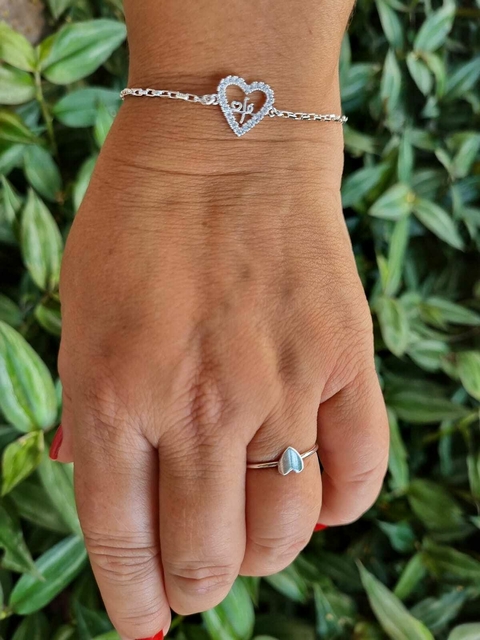Pulseira Coração Cravejado Fé - Banhada a prata