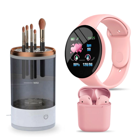 Kit Regalo Mujer, Limpiador de Brochas + Smartwatch D18 + Auriculares i12